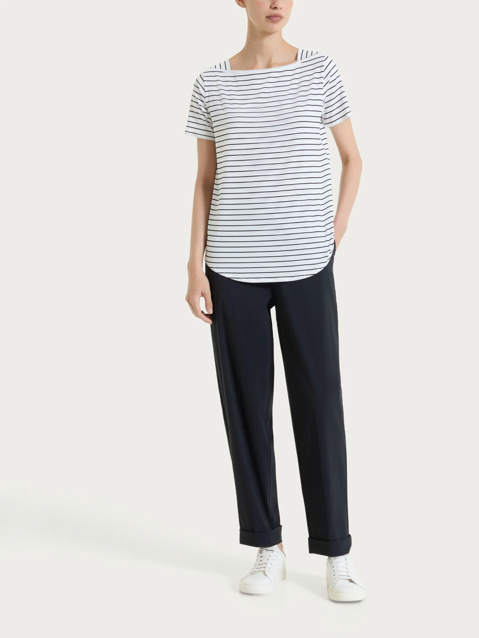 Maglietta a righe con collo a barchetta in Summer Light Piquet - Fant.Bianco - Image 5