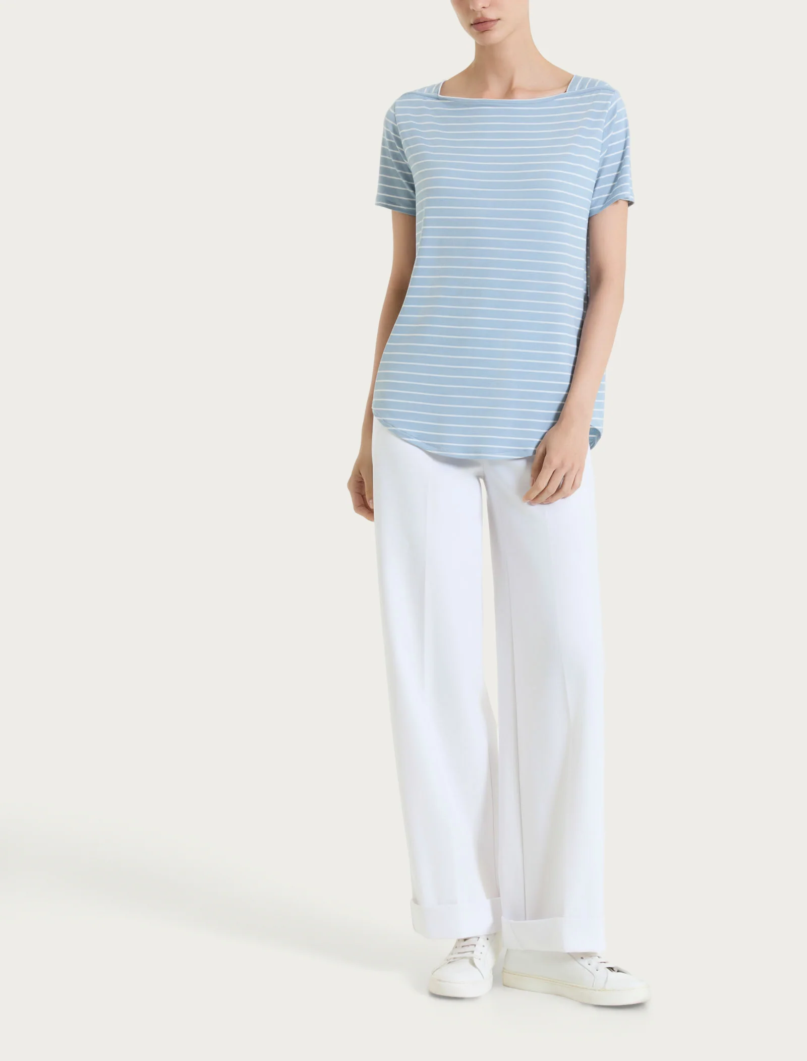 Maglietta a righe con collo a barchetta in Summer Light Piquet - Fant. Dusty Blue - Image 5