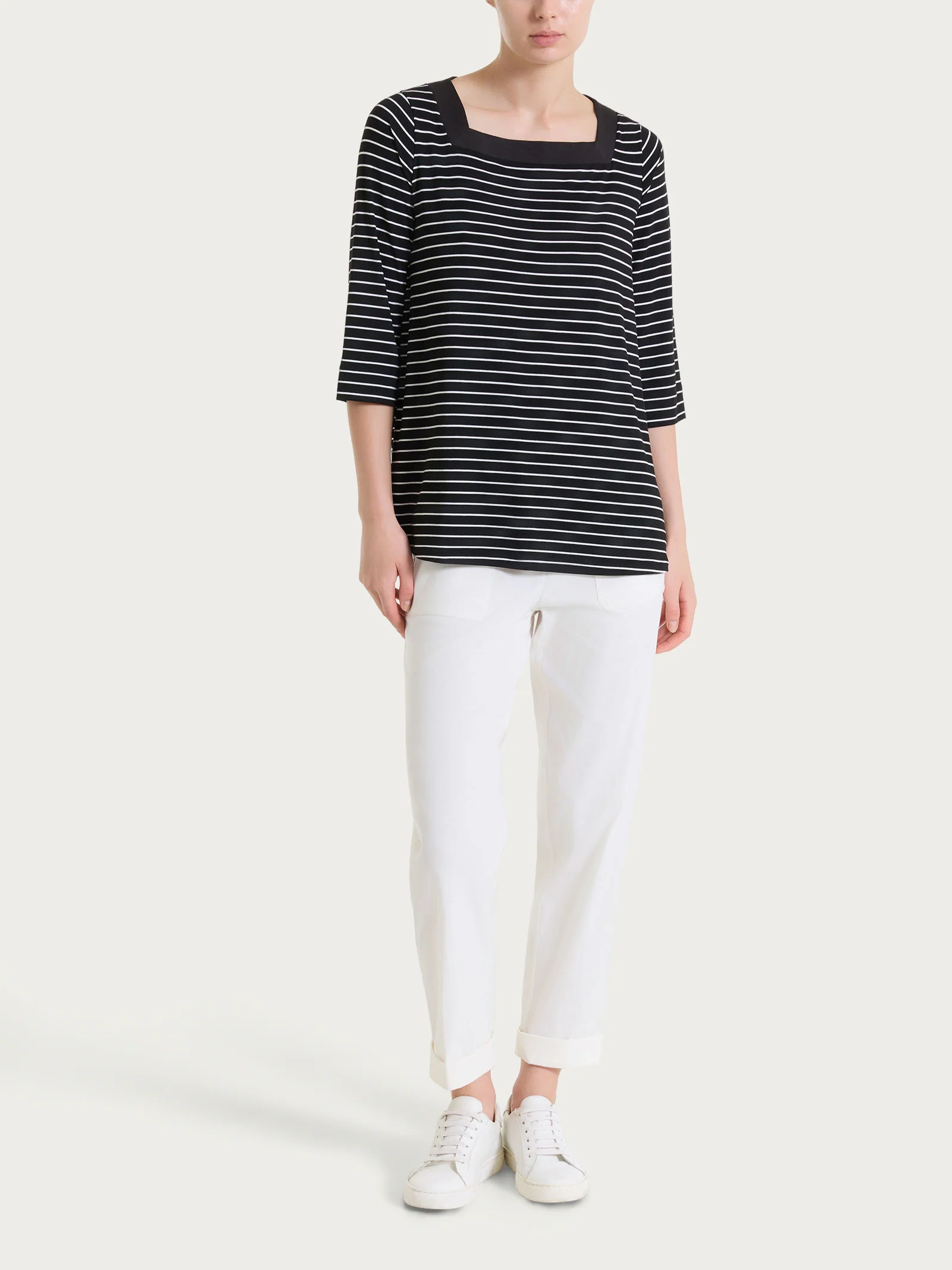 Maglietta a righe con collo squadrato in Summer Light Piquet - Fant.Nero - Image 5